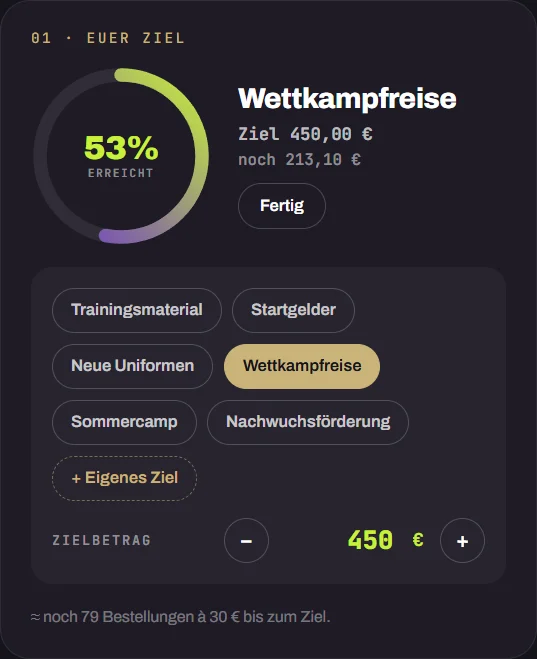 Ziel-Ansicht im Vereinsbereich: Fortschrittsring, Zielauswahl und Zielbetrag
